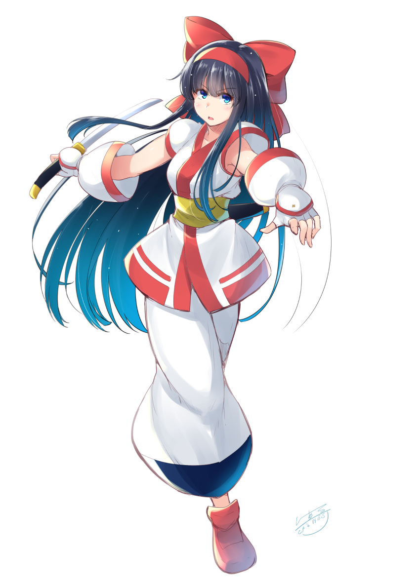 ainu_clothes black_hair blue_eyes bow c.r. commentary_request fingerless_gloves gloves hair_bow hairband highres long_hair nakoruru red_bow reverse_grip samurai_spirits short_sleeves snk solo the_king_of_fighters very_long_hair