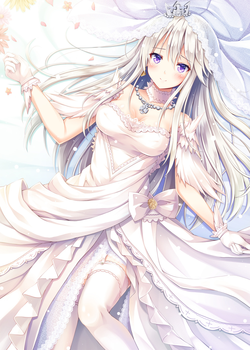 akashio_(loli_ace) azur_lane blush breasts bridal_veil collarbone commentary_request crown dress enterprise_(azur_lane) eyebrows_visible_through_hair garter_straps gloves highres jewelry long_hair looking_at_viewer lying medium_breasts necklace on_back petals purple_eyes smile solo thighhighs veil wedding_dress white white_dress white_gloves white_hair white_legwear
