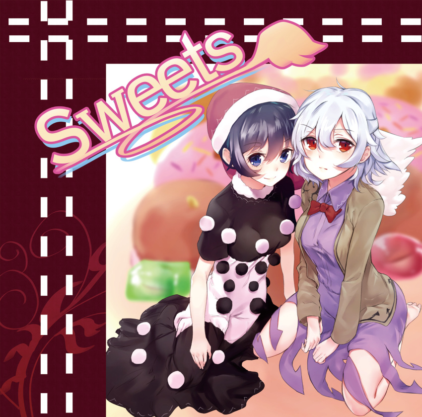2girls asuzemu bangs barefoot black_dress blue_eyes blue_hair blurry blurry_background bow bowtie breasts brown_jacket candy commentary_request doremy_sweet dotted_line dress english eyebrows_visible_through_hair feathered_wings food hair_between_eyes hat highres jacket kishin_sagume long_sleeves looking_at_viewer medium_breasts multicolored multicolored_clothes multicolored_dress multiple_girls open_clothes open_jacket pom_pom_(clothes) purple_dress red_bow red_eyes red_hat red_neckwear santa_hat seiza short_hair short_sleeves silver_hair single_wing sitting smile thighs touhou white_dress white_wings wing_collar wings