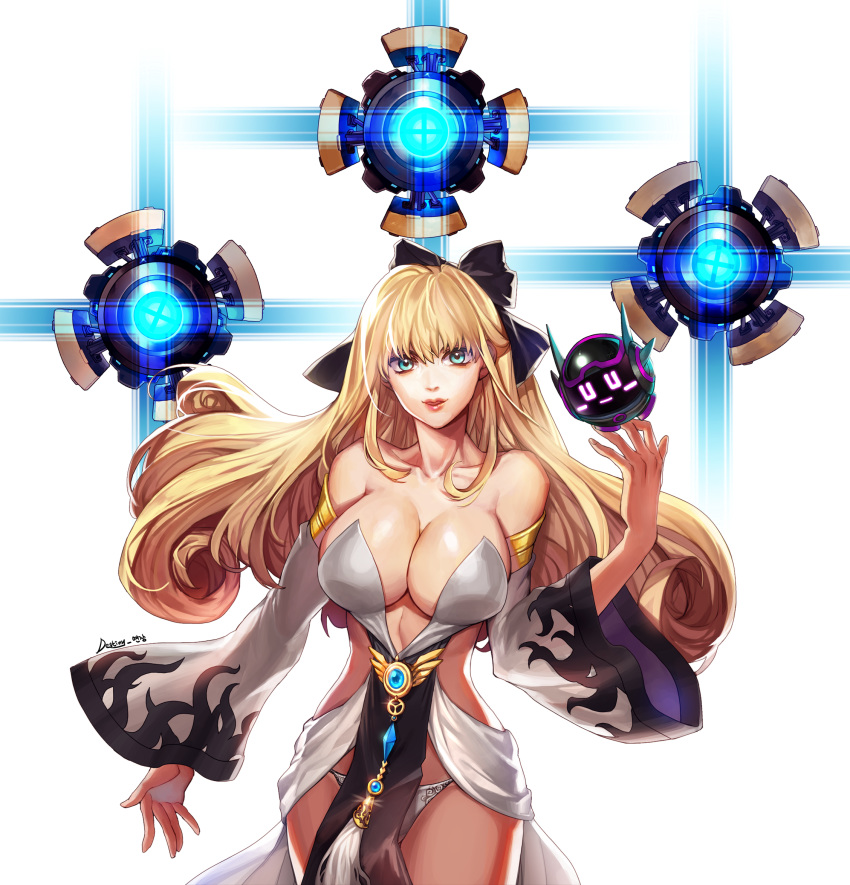 1girl blonde_hair blue_eyes breasts commission detached_sleeves dress dungeon_and_fighter female_mechanic_(dungeon_and_fighter) jewelry large_breasts long_hair panties revealing_clothes robot smile solo wide_sleeves