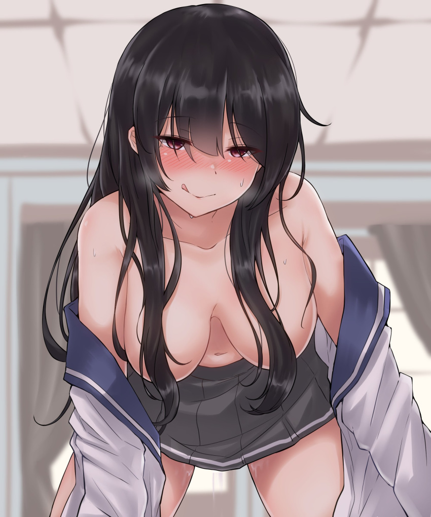 absurdres black_hair blush breasts closed_mouth collarbone convenient_censoring curtains grey_skirt hanging_breasts highres indoors isokaze_(kantai_collection) kantai_collection kiritto large_breasts leaning_forward licking_lips long_hair looking_at_viewer looking_down navel nose_blush open_clothes open_shirt pleated_skirt red_eyes sailor_collar sidelocks skirt smile solo striped striped_skirt sweat tongue tongue_out topless very_long_hair white_serafuku