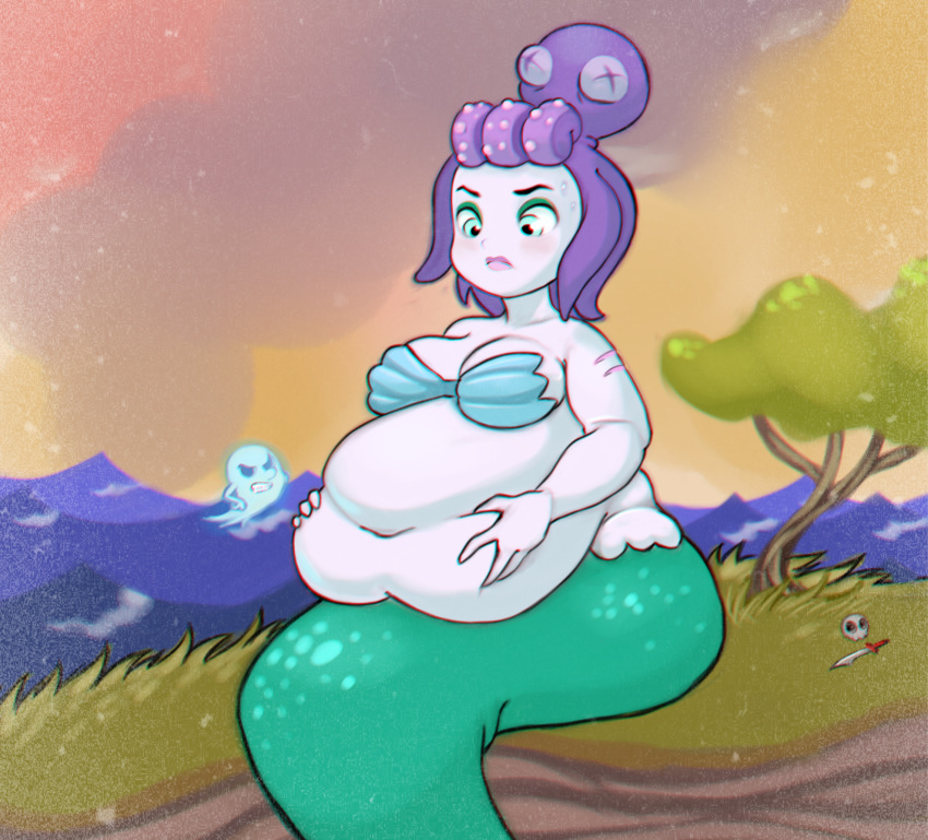 belly bra breasts bronzebanana cala_maria cephalopod clothing cuphead_(character) cuphead_(game) female ghost marine merfolk navel octopus overweight spirit tentacle_hair tentacles underwear video_games