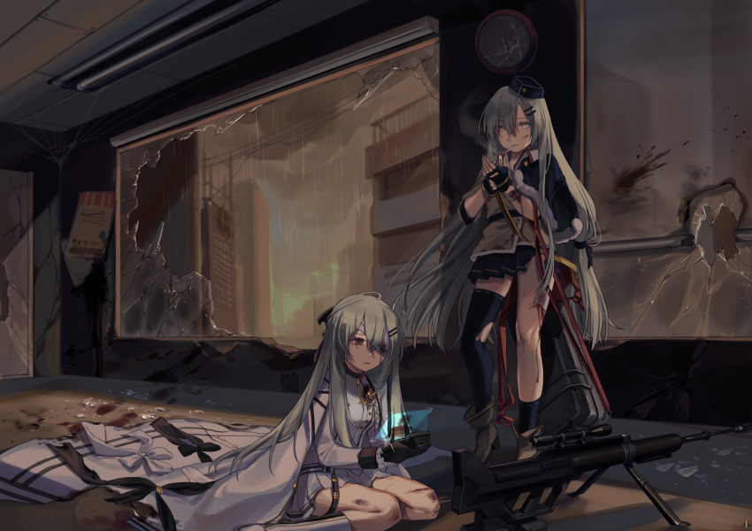 absurdres after_battle bandage_over_one_eye bandages blood blue_legwear blue_skirt boots broken_glass broken_window cigarette city clock commentary_request dragunov_svd fingerless_gloves full_body girls_frontline glass gloves gun hair_ornament hairclip hat highres holding indoors injury iws-2000_(girls_frontline) long_hair multiple_girls pleated_skirt rain red_eyes rifle shan silver_hair sitting skirt smoking sniper_rifle standing svd_(girls_frontline) thighhighs very_long_hair wariza weapon white_coat white_skirt yellow_eyes