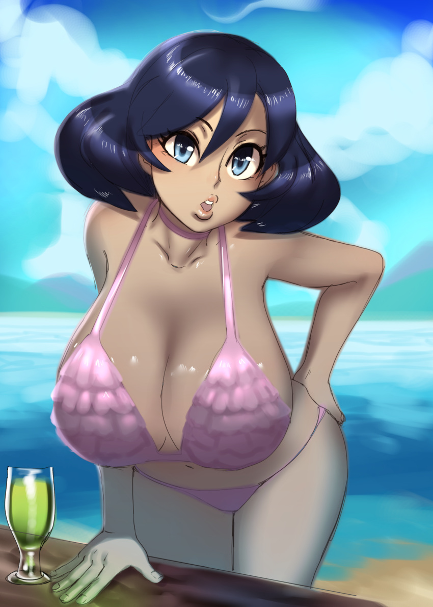 1girl black_hair blue_eyes breasts cleavage large_breasts leaning_forward looking_at_viewer open_mouth placeholdname solo standing swimsuit tagme