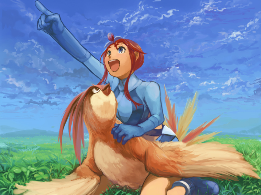 :d bird blue blue_eyes blue_footwear blue_gloves blue_shirt blue_shorts blue_sky cloud cloudy_sky clover commentary_request creature day fuuro_(pokemon) gen_1_pokemon geregere_(lantern) gloves grass gym_leader highres long_hair long_sleeves looking_up open_mouth outdoors pidgeotto pointing pointing_up pokemon pokemon_(creature) pokemon_(game) pokemon_bw pokemon_trainer red_hair shirt shoes short_shorts shorts sky smile