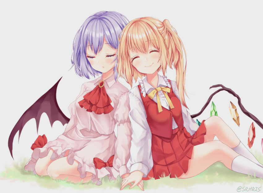 2girls ascot bangs bat_wings blouse blush bow breasts closed_mouth collared_blouse commentary_request crystal eyebrows_visible_through_hair eyelashes eyes_closed flandre_scarlet frilled_shirt_collar frills hand_on_another's_hand head_to_head high-waist_skirt kneehighs light_blue_hair long_sleeves medium_skirt multiple_girls on_grass orange_hair outdoors pleated_skirt red_bow red_neckwear red_skirt red_vest remilia_scarlet shiny shiny_hair shiromoru_(yozakura_rety) short_hair side_ponytail sitting skirt skirt_set smile touhou vest white_blouse white_legwear wing_collar wings yellow_neckwear