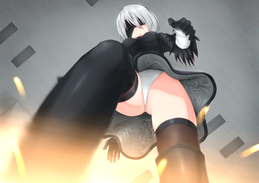 black_dress black_hairband blindfold boots commentary_request covered_eyes dress facing_viewer feather-trimmed_sleeves from_below hairband highleg highleg_leotard juliet_sleeves kicking leotard long_sleeves mole mole_under_mouth nier_(series) nier_automata nm_(tshell2761) puffy_sleeves short_hair silver_hair solo thighhighs_under_boots upskirt white_leotard yorha_no._2_type_b