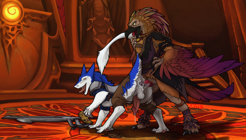 anal anthro arakkoa armor avian balls bird blue_fur claws clothing cum cum_in_ass cum_inside feathers fur invalid_background invalid_tag lube male male/male melee_weapon nakoo penis sergal sword tail_pull video_games warcraft weapon white_fur wings