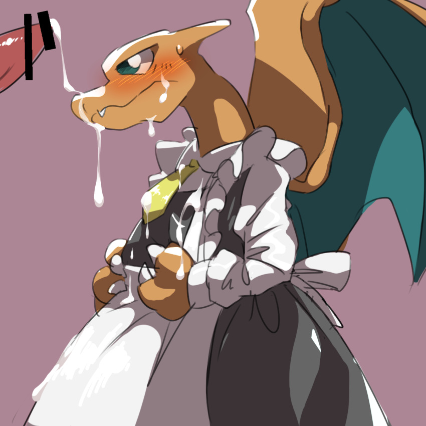 2017 ambiguous_gender anthro biozs blush censor_bar censored charizard claws clothed clothing cum cum_on_clothing cum_on_face disembodied_penis duo green_eyes maid_uniform male male/ambiguous nintendo orange_body penis pink_background pok&eacute;mon pok&eacute;mon_(species) red_penis simple_background standing uniform video_games wings