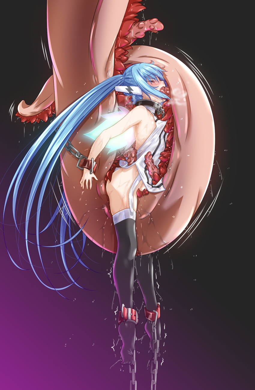 ankle_cuffs bdsm blue_hair blush bondage bound chain closed_eyes collar fumihiro highres long_hair no_panties nymph_(sora_no_otoshimono) oral pussy_juice robot_ears solo sora_no_otoshimono tentacles thighhighs twintails wings wrist_cuffs