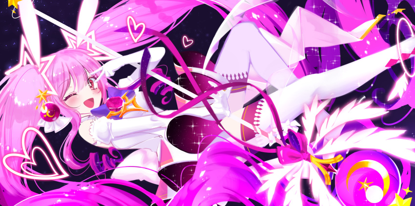 ;d aisha_(elsword) back_bow black_background boo_1 boots bow brooch cropped_legs dress elbow_gloves elsword gloves happy highres jewelry long_hair looking_at_viewer magical_girl metamorphy_(elsword) one_eye_closed open_mouth purple_bow purple_eyes purple_hair smile solo staff star star_in_eye symbol_in_eye thigh_boots thighhighs twintails v white_dress white_footwear white_gloves zettai_ryouiki