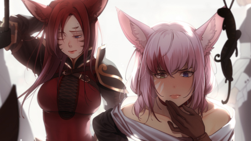 animal_ears bare_shoulders belt blurry blurry_background blurry_foreground brown_hair cat_ears choker close-up closed_mouth collarbone commission eventh7 facial_mark final_fantasy final_fantasy_xiv gloves heterochromia highres long_hair maid market miqo'te multicolored_hair multiple_girls off_shoulder one_eye_closed outdoors pauldrons pink_hair red_hair scar scar_across_eye short_hair standing sweat two-tone_hair