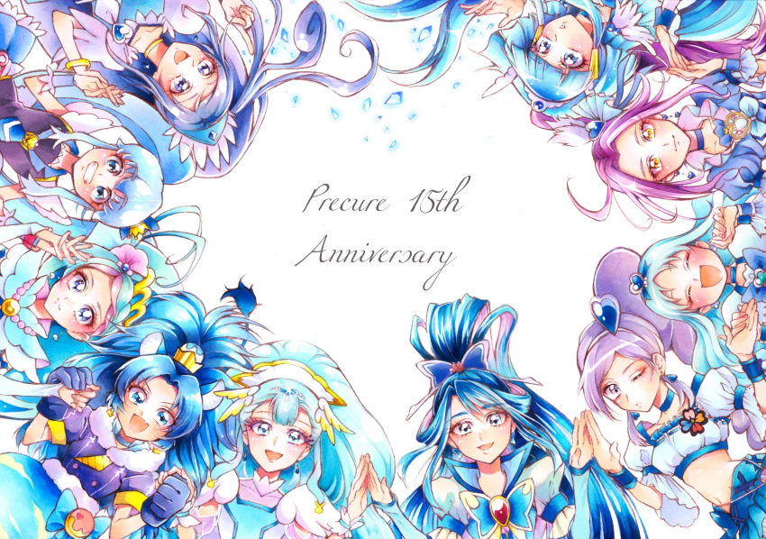 animal_ears anniversary aoki_reika aono_miki bangs blue_bow blue_eyes blue_gloves blue_hair blue_neckwear blunt_bangs bow butterfly_hair_ornament choker circle_formation closed_eyes color_connection crown cure_ange cure_aqua cure_beat cure_beauty cure_berry cure_diamond cure_gelato cure_marine cure_mermaid cure_princess dokidoki!_precure everyone fresh_precure! gloves go!_princess_precure grin hair_color_connection hair_ornament hairband happinesscharge_precure! happy heart heart_hair_ornament heartcatch_precure! highres hishikawa_rikka holding_hands hugtto!_precure kaidou_minami kirakira_precure_a_la_mode kurokawa_eren kurumi_erika lion_ears long_hair looking_at_viewer magical_girl midriff mikan_(mikataaaa) minazuki_karen mini_crown multiple_girls navel necktie one_eye_closed open_mouth parted_bangs ponytail precure purple_eyes purple_hair seiren_(suite_precure) shirayuki_hime side_ponytail sidelocks smile smile_precure! suite_precure tategami_aoi twintails white_background yakushiji_saaya yellow_eyes yes!_precure_5