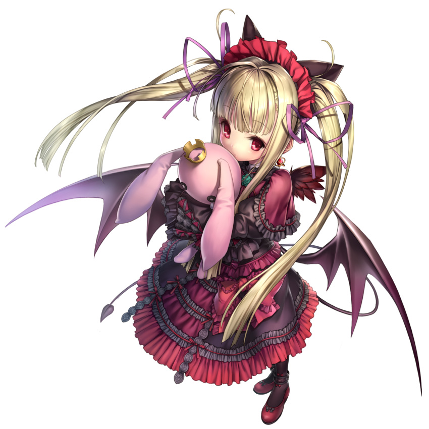 animal_ears anklet bad_id bad_twitter_id bangs bat_wings blonde_hair character_request commentary_request copyright_request crown doll dress earrings eyebrows_visible_through_hair floppy_ears frilled_dress frilled_hairband frills full_body hair_ribbon hairband heart heart_tail highres jewelry long_hair long_sleeves looking_at_viewer nakasaki_hydra object_hug purple_ribbon red_dress red_earrings red_eyes red_footwear red_hairband ribbon solo standing tail teardrop transparent_background twintails wings
