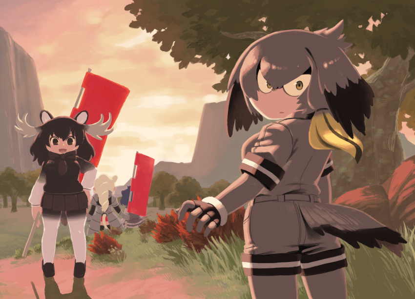 :d :| animal_ears antlers arm_at_side armor backlighting bangs banner bell_(hellchan3) belt bird_tail black_gloves black_hair blonde_hair blue_hair bodystocking brown_eyes brown_hair closed_mouth cloud cloudy_sky collared_shirt commentary_request crested_porcupine_(kemono_friends) drill_hair evening fingerless_gloves from_behind gloves grass green_eyes grey_hair grey_shirt grey_shorts hair_between_eyes hand_on_hip hand_up highres holding kemono_friends long_hair long_sleeves looking_at_viewer looking_back low_ponytail moose_(kemono_friends) moose_ears moose_tail multicolored_hair multiple_girls open_mouth outdoors outstretched_arm pantyhose rhinoceros_tail scarf shirt shoebill_(kemono_friends) short_over_long_sleeves short_sleeves shorts side_ponytail skirt sky smile standing sunset sweater tail tree two-tone_hair white_hair white_rhinoceros_(kemono_friends)