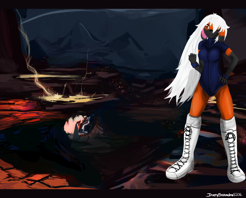 2016 absurd_res anthro biped black_fur blue_clothing boots breasts clothed clothing dark desert detailed_background digital_media_(artwork) digital_painting_(artwork) dirtyscoundrel female footwear fur hair hi_res lagomorph landscape leotard long_hair mammal mountain multicolored_fur night_sky orange_eyes orange_fur outside pose rabbit shoelaces sky solo standing star starry_sky two_tone_fur white_boots white_footwear white_hair year