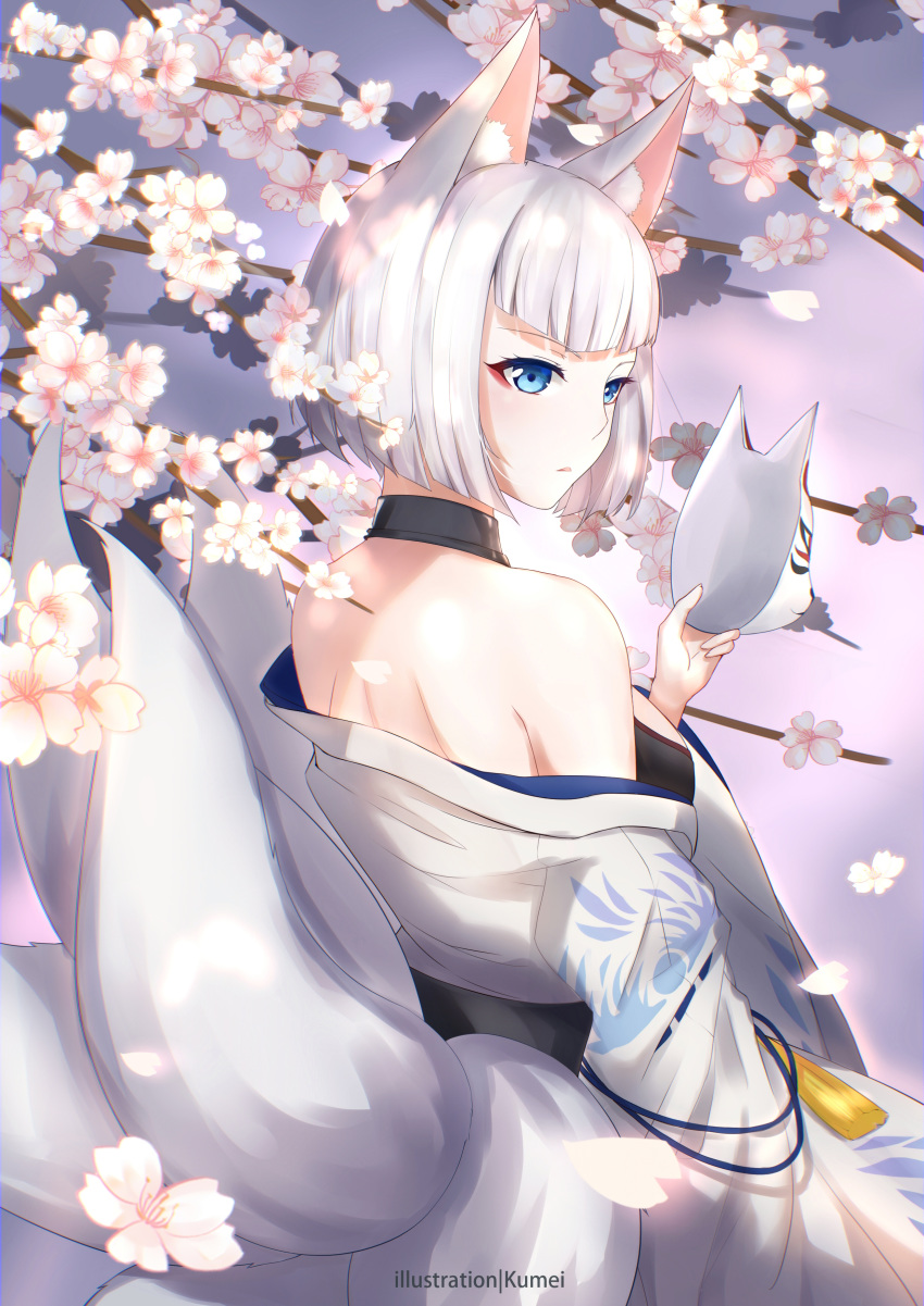 absurdres animal_ears artist_name azur_lane bangs blue_eyes blunt_bangs breasts cherry_blossoms commentary_request flower fox_ears fox_mask fox_tail highres holding holding_mask japanese_clothes kaga_(azur_lane) kumei large_breasts looking_at_viewer looking_back mask mask_removed multiple_tails nape obi off_shoulder parted_lips sash short_hair shoulder_blades solo tail tassel white_hair wide_sleeves