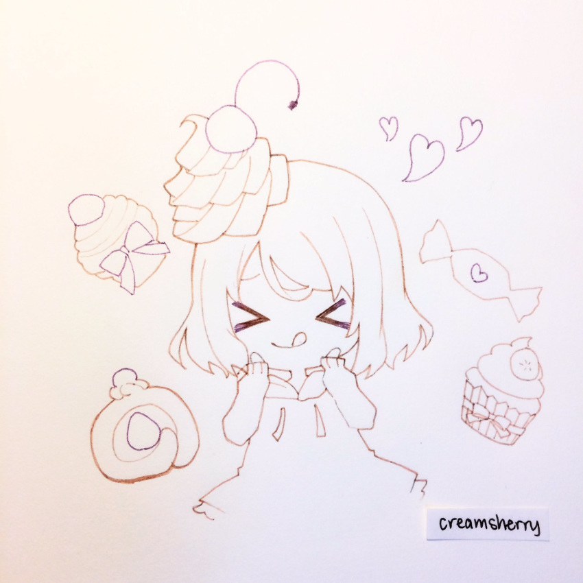 &gt;_&lt; artist_name brown_hair closed_eyes closed_mouth commentary_request cream cream-chan_(creamsherry) creamsherry cupcake english_commentary food happy heart highres hood hoodie inktober long_sleeves medium_hair original simple_background solo uncolored