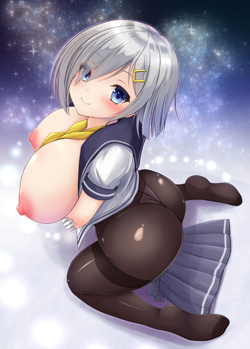 arms_under_breasts ass between_breasts black_legwear blue_eyes blush breast_hold breasts curvy eyebrows_visible_through_hair eyes_visible_through_hair gloves hair_ornament hair_over_one_eye hairclip hamakaze_(kantai_collection) highres huge_breasts huge_nipples kantai_collection looking_at_viewer looking_up neckerchief nipples okatora open_clothes open_shirt panties panties_under_pantyhose pantyhose pleated_skirt school_uniform serafuku shadow shiny shiny_hair shiny_skin short_hair silver_hair skirt skirt_removed smile solo thong underwear white_gloves yellow_neckwear