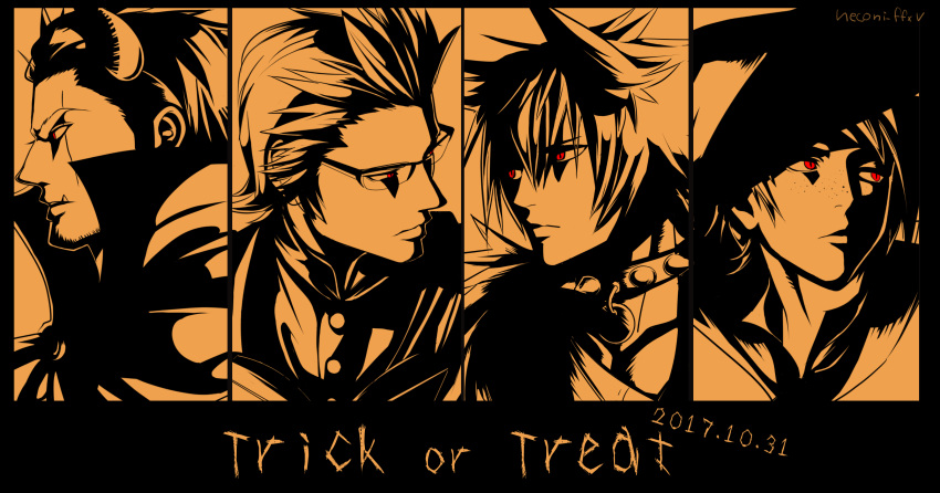 absurdres animal_ears cat_ears collar final_fantasy final_fantasy_xv freckles gladiolus_amicitia halloween high_contrast highres horns ignis_scientia male_focus multiple_boys nekonii noctis_lucis_caelum orange_(color) prompto_argentum red_eyes slit_pupils spiked_collar spikes