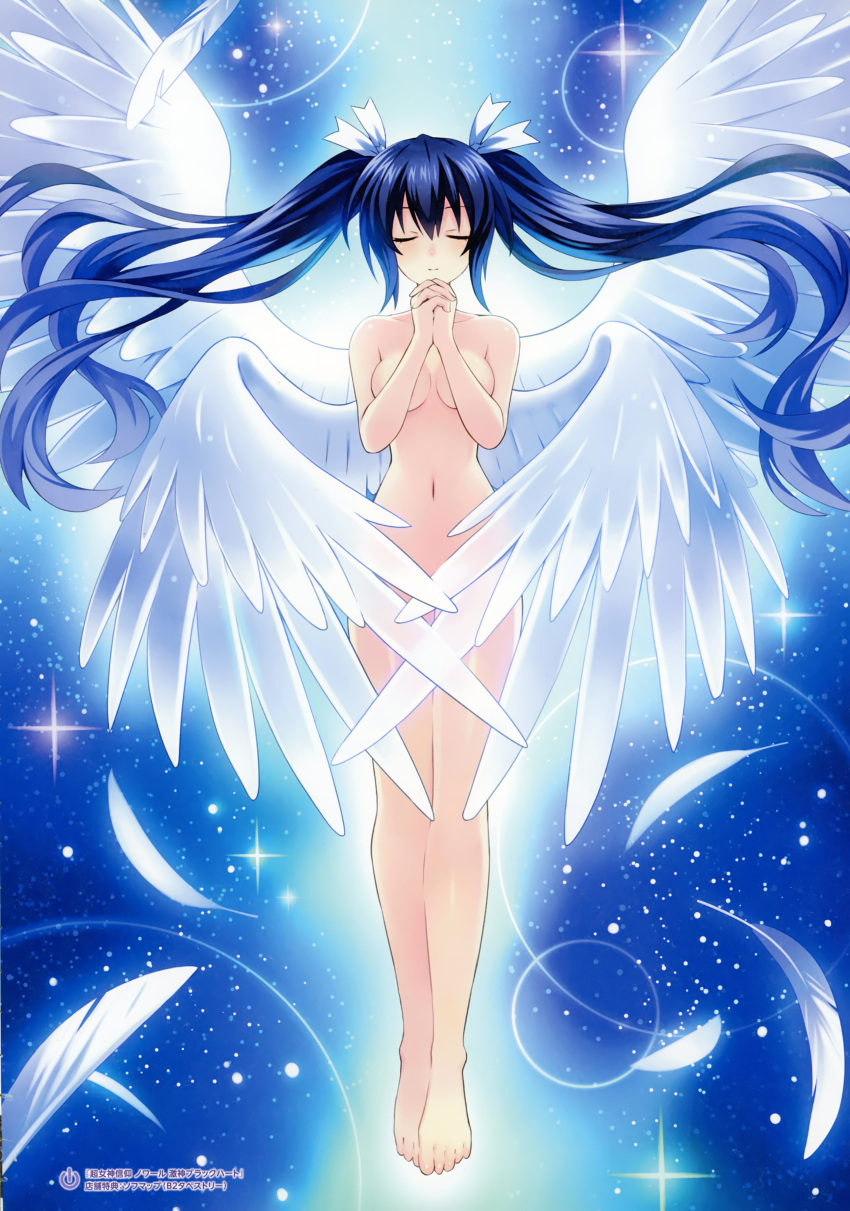 absurdres angel_wings bangs barefoot black_hair breasts closed_eyes convenient_censoring eyebrows_visible_through_hair feathered_wings feathers full_body hair_ribbon hands_clasped hands_together highres interlocked_fingers long_hair medium_breasts navel neptune_(series) noire nude official_art own_hands_together ribbon scan shiny simple_background solo sparkle tsunako twintails wing_censor wings