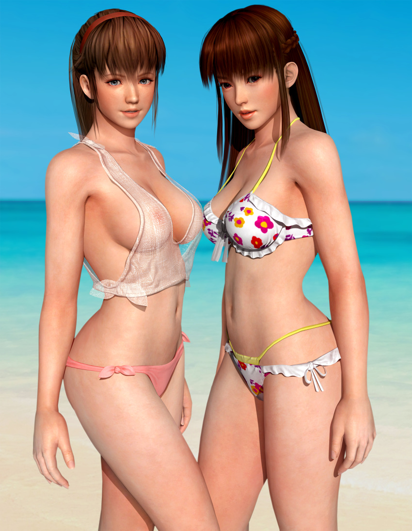 2girls 3d beach bikini blue_eyes braid breasts brown_eyes brown_hair cleavage dead_or_alive female hairband hitomi_(doa) lei_fang looking_at_viewer multiple_girls navel ocean parted_lips radianteld see-through side_bangs side_braid standing swimsuit thighs tied_hair