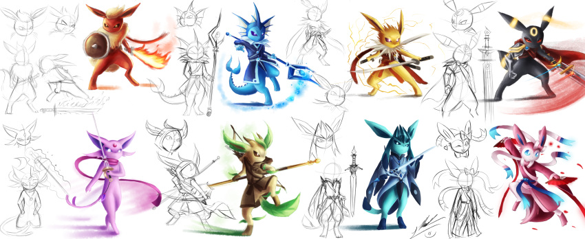 2017 absurd_res ambiguous_gender anthro bow_(weapon) clothing eeveelution espeon fire flame_sword flaming_weapon flareon folding_fan glaceon hi_res jolteon katana leafeon mammal melee_weapon model_sheet nintendo pok&eacute;mon pok&eacute;mon_(species) polearm ranged_weapon rapier scarf semi-anthro shield shupamikey simple_background staff sword sylveon trident tunic umbreon vaporeon video_games weapon white_background