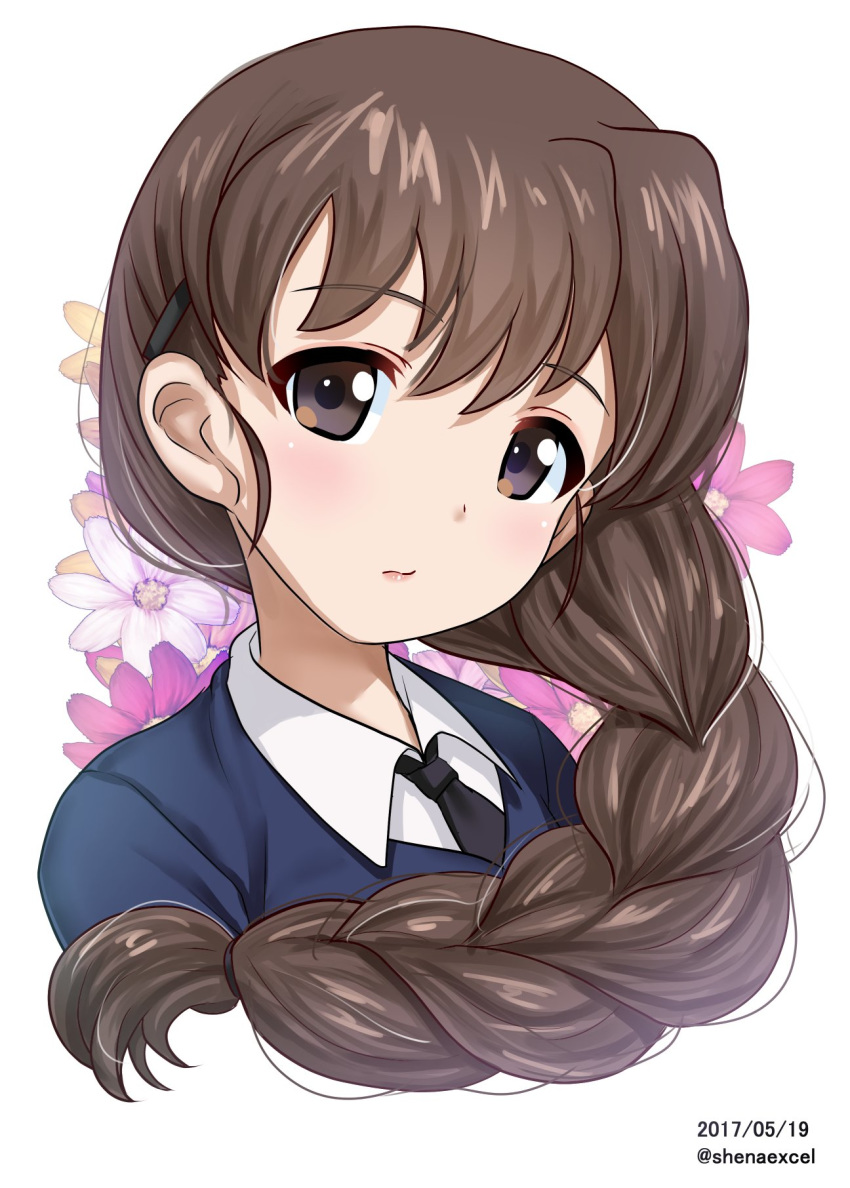 bangs black_neckwear blue_sweater braid brown_eyes brown_hair closed_mouth commentary_request cropped_torso dated dress_shirt excel_(shena) eyebrows_visible_through_hair floral_background girls_und_panzer hair_over_shoulder hair_tie head_tilt highres light_frown long_hair looking_at_viewer necktie portrait rukuriri school_uniform shirt single_braid solo sweater twitter_username white_background white_shirt