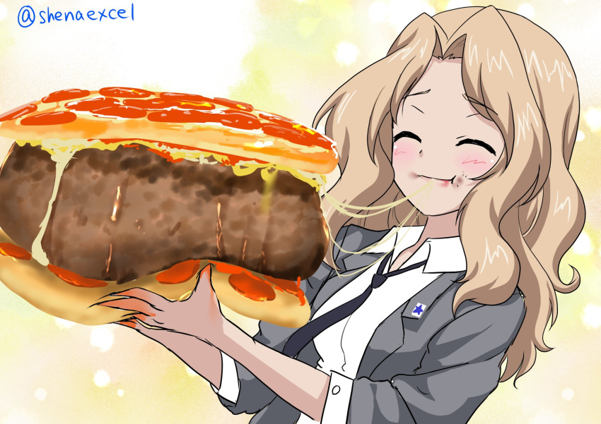 :t black_neckwear blazer blonde_hair cheese closed_eyes closed_mouth commentary dress_shirt eating emblem excel_(shena) eyebrows_visible_through_hair food food_on_face girls_und_panzer grey_jacket hair_intakes hamburger highres holding holding_food jacket kay_(girls_und_panzer) long_hair long_sleeves necktie oversized_food oversized_object pizza saunders_school_uniform school_uniform shirt sketch smile solo standing star twitter_username upper_body white_shirt wing_collar