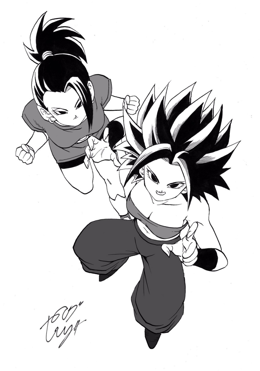 2girls black_eyes black_hair boots breasts caulifla dragon_ball dragon_ball_super female jumping kale_(dragon_ball) long_hair looking_at_viewer monochrome multiple_girls ponytail simple_background smile spiked_hair young_jijii