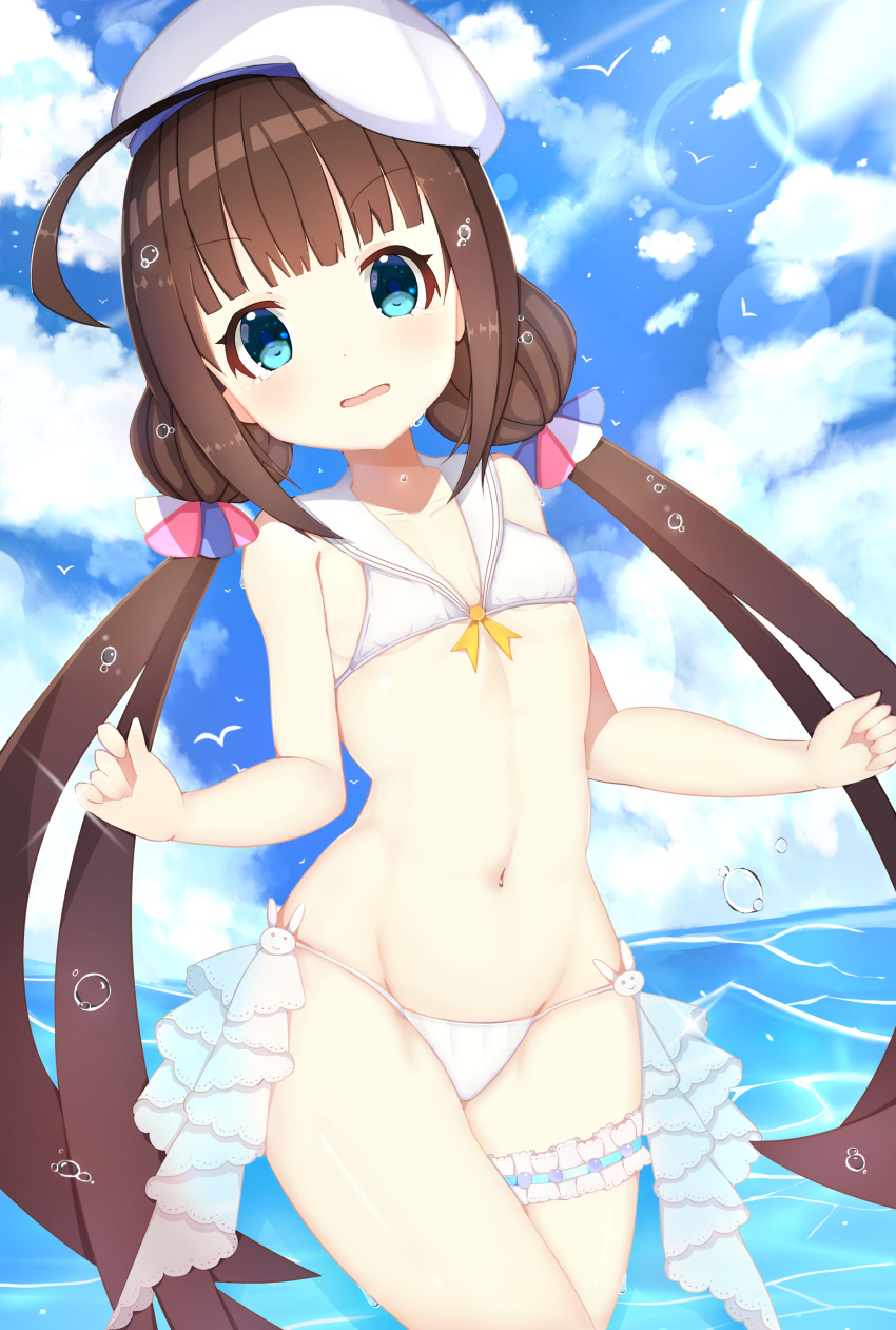 absurdres ahoge ban_yuan_jun bangs bare_arms bare_shoulders beret bikini bird blue_eyes blue_sky blunt_bangs blush breasts brown_hair cloud cloudy_sky commentary_request day eyebrows_visible_through_hair groin hat head_tilt highres hinatsuru_ai leaning_to_the_side leg_garter long_hair looking_at_viewer low_twintails navel outdoors parted_lips ryuuou_no_oshigoto! sailor_bikini sailor_collar sidelocks sky small_breasts solo sunlight swimsuit tears twintails very_long_hair water_drop wet white_bikini white_hat white_sailor_collar