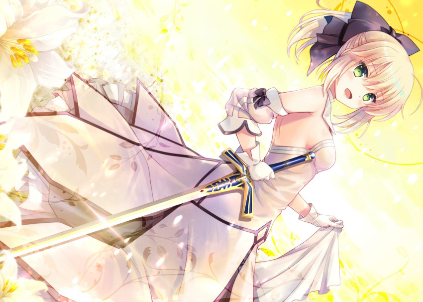 :d artoria_pendragon_(all) black_bow blonde_hair bow breasts choker day detached_sleeves dress dutch_angle excalibur eyebrows_visible_through_hair fate/unlimited_codes fate_(series) field flower flower_field gloves green_eyes hair_between_eyes hair_bow head_tilt holding holding_sword holding_weapon ikegami_akane lily_(flower) long_hair looking_at_viewer open_mouth outdoors ponytail saber_lily sideboob sidelocks skirt_hold sleeveless sleeveless_dress small_breasts smile solo standing strapless strapless_dress sword weapon white_dress white_flower white_gloves