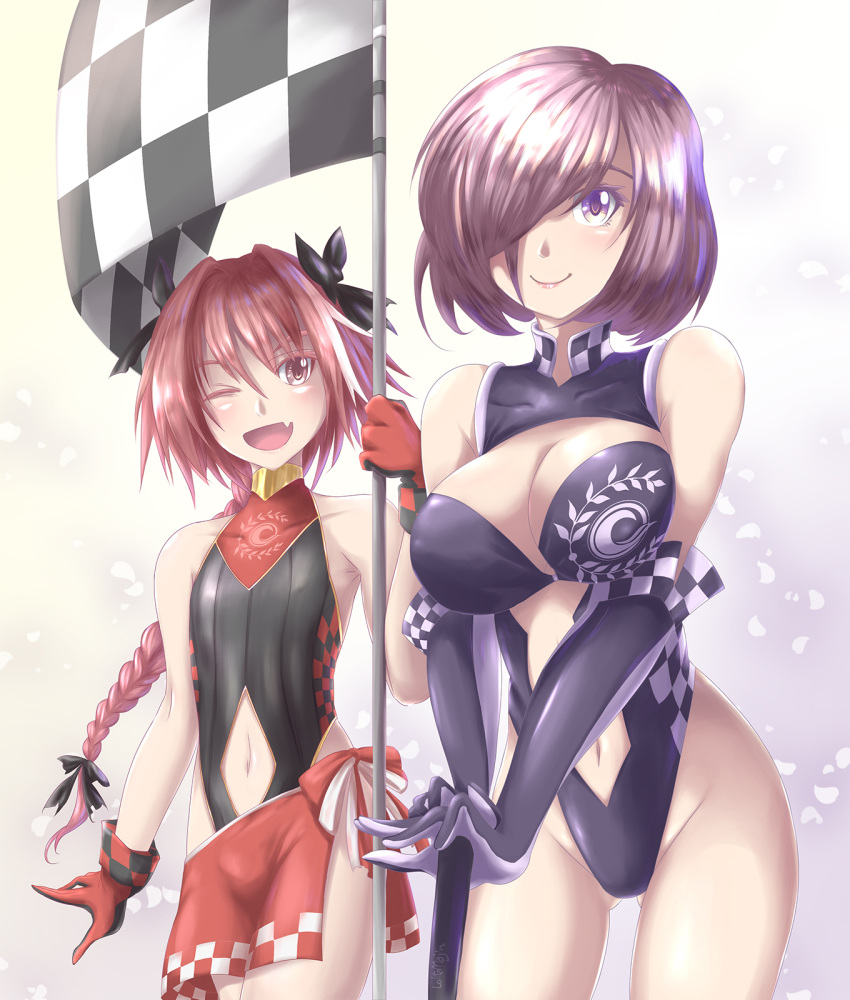 1boy 1girl androgynous astolfo_(fate) breasts checkered_flag cleavage crossdressing fang fate/grand_order fate_(series) gloves groin hair_over_one_eye highleg highleg_leotard highleg_swimsuit highres large_breasts leotard lolita_majin long_hair mash_kyrielight navel navel_cutout one_eye_closed open_mouth pink_eyes pink_hair purple_eyes race_queen short_hair single_braid smile thighhighs trap