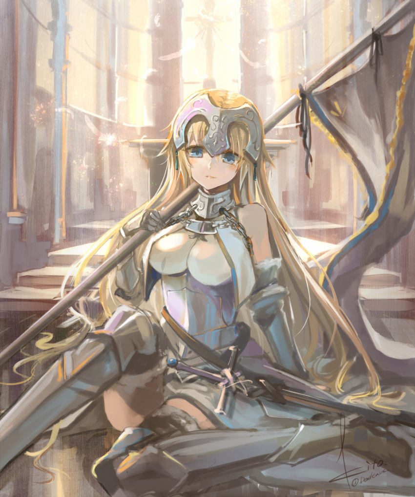 armor blonde_hair blue_eyes breasts chain collar commentary_request fate/grand_order fate_(series) gauntlets headpiece highres jeanne_d'arc_(fate)_(all) kito_(kito2) leg_armor leg_up long_hair looking_at_viewer medium_breasts parted_lips pennant sheath sheathed sitting skirt solo sunlight sword weapon window