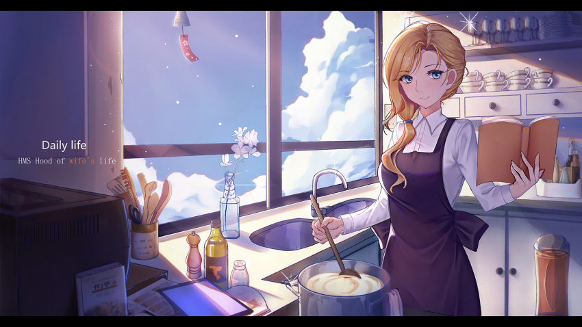 alternate_costume apron azur_lane bangs blonde_hair blue_eyes blue_sky blush book bottle breasts collared_shirt commentary_request cooking cup cupboard drinking_glass eyebrows_visible_through_hair faucet flower food hair_ornament hair_over_shoulder holding holding_book holding_spoon hood_(azur_lane) indoors j_junz kitchen large_breasts light_particles long_hair long_sleeves looking_at_viewer parted_bangs pepper_shaker pot salt_shaker shirt sink sky smile solo sparkle spoon stirring teacup utensil white_shirt wind_chime window