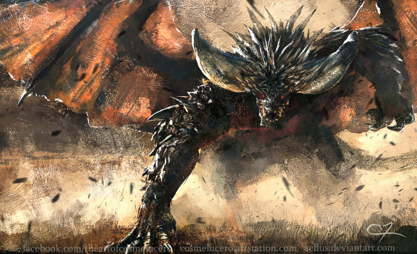 claws cosme_lucero_(aeflus) debris glowing glowing_eyes highres horns looking_at_viewer monster monster_hunter monster_hunter:_world nergigante no_humans open_mouth red_eyes scales sharp_teeth solo spikes teeth watermark web_address wings