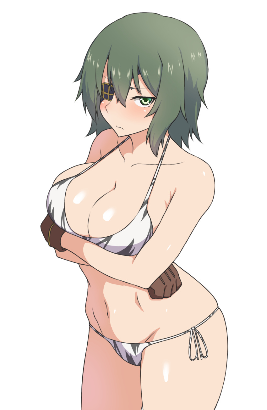 absurdres arms_under_breasts bare_arms bare_shoulders bikini blush breast_hold breasts brown_gloves cleavage closed_mouth collarbone cowboy_shot crossed_arms eyebrows_visible_through_hair eyepatch gloves green_eyes green_hair groin hair_between_eyes highres kantai_collection kiso_(kantai_collection) large_breasts looking_at_viewer navel nikonikosiro no_hat no_headwear one_eye_covered print_bikini ribbon shiny shiny_skin short_hair side-tie_bikini simple_background solo standing stomach swimsuit thighs tsurime v-shaped_eyebrows white_background white_bikini white_ribbon