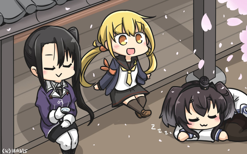 :3 :d alcohol black_hair black_legwear black_sailor_collar black_skirt blonde_hair blush brown_footwear closed_eyes commentary crescent crescent_moon_pin cup dated hamu_koutarou highres holding jacket juliet_sleeves kantai_collection long_hair long_sleeves low_twintails military military_uniform multiple_girls nachi_(kantai_collection) open_mouth pantyhose petals puffy_sleeves purple_jacket remodel_(kantai_collection) sailor_collar sakazuki sake satsuki_(kantai_collection) shoes side_ponytail sitting skirt sleeping smile thighhighs tokitsukaze_(kantai_collection) twintails uniform white_legwear zzz