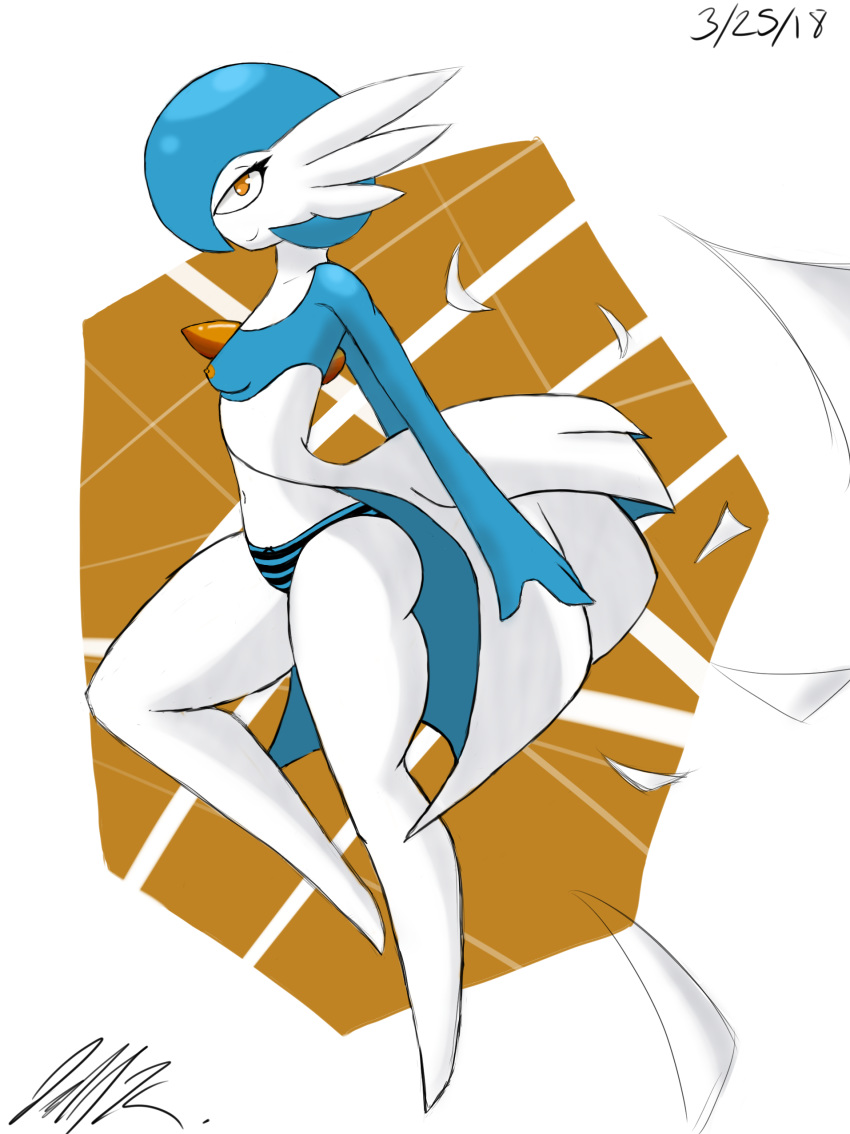 2018 abstract_background breasts butt clothed clothing dress female gardevoir jeffthehusky looking_at_viewer nintendo nipples panties pok&eacute;mon pok&eacute;mon_(species) raised_leg shiny_pok&eacute;mon small_breasts smile spike_(disambiguation) thick_thighs topless underwear video_games