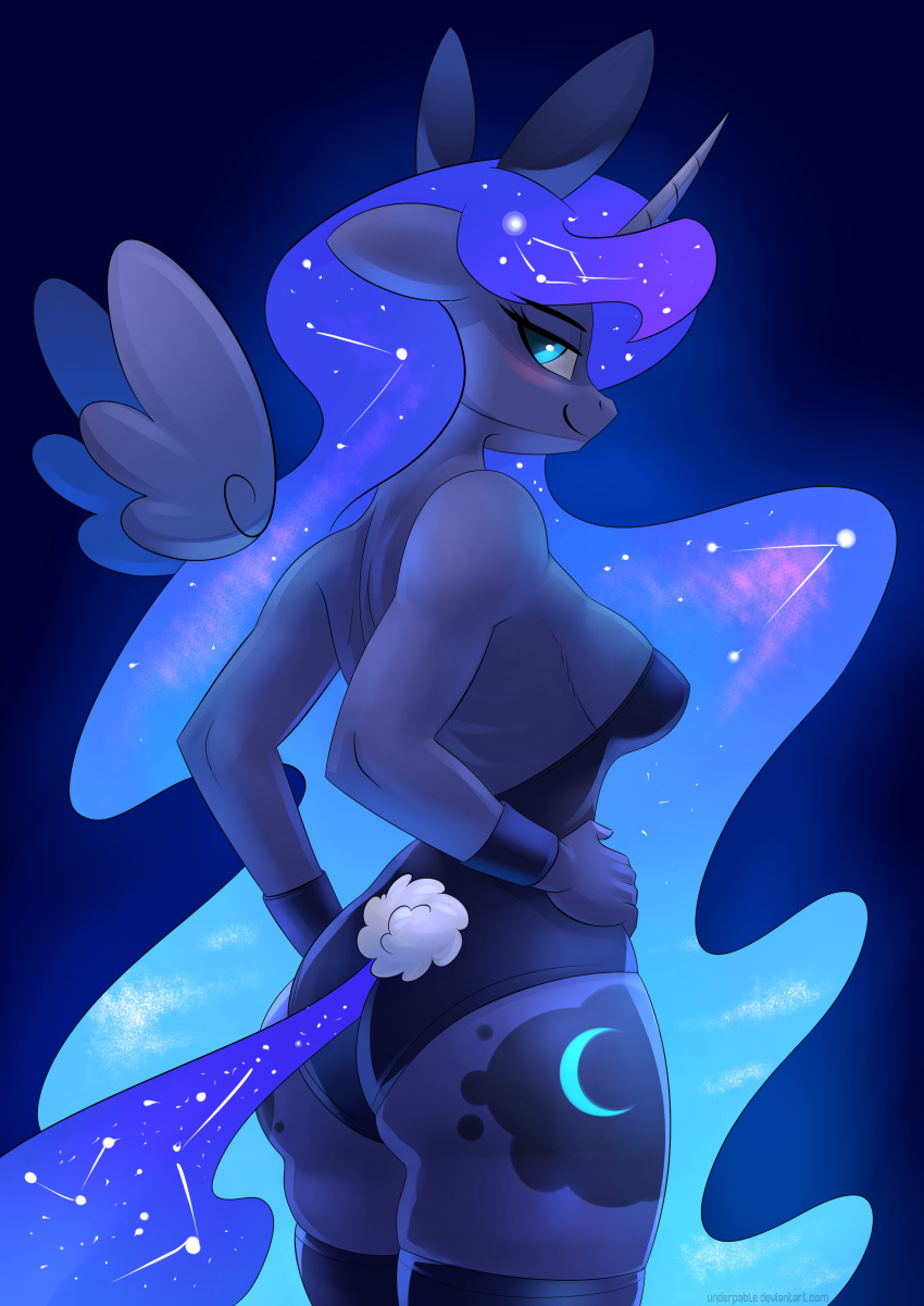 2018 absurd_res anthro anthrofied blue_eyes blush breasts bunny_costume butt clothed clothing cosmic_hair costume cutie_mark digital_media_(artwork) equine fake_ears fake_rabbit_ears female friendship_is_magic hair hi_res horn legwear leotard long_hair looking_at_viewer mammal my_little_pony princess_luna_(mlp) side_boob solo underpable winged_unicorn wings