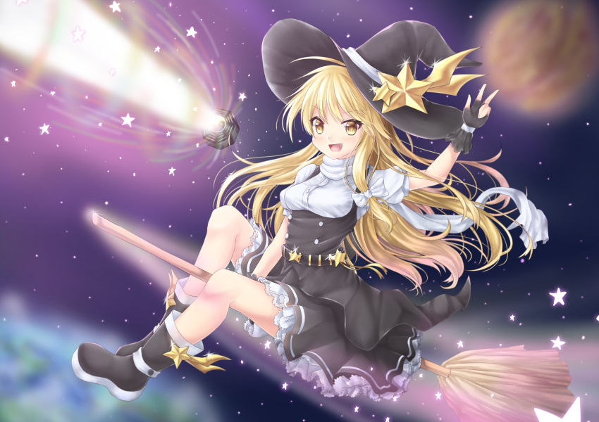 :d absurdres akiteru98 belt blonde_hair blush boots breasts broom broom_riding dress flying hat highres kirisame_marisa looking_at_viewer master_spark medium_breasts mini-hakkero open_mouth puffy_short_sleeves puffy_sleeves short_sleeves smile solo star star_hat_ornament touhou turtleneck underbust v witch_hat yellow_eyes