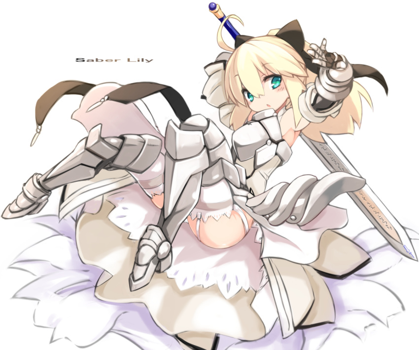 ahoge armor armored_dress artoria_pendragon_(all) blonde_hair caliburn commentary_request detached_sleeves fate_(series) faulds gauntlets green_eyes karukan_(monjya) looking_at_viewer panties pantyshot ponytail saber_lily solo sword underwear weapon