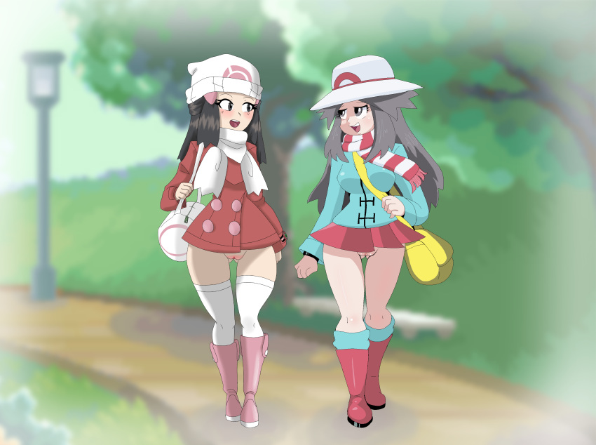 2girls absurdres aliasing bag beanie black_eyes black_hair blue_(pokemon) blue_jacket blue_legwear blush boots bottomless breasts clitoral_hood coat collaboration eye_contact eyebrows_visible_through_hair female full_body grey_eyes grey_hair hair_ornament hairclip half-closed_eyes hand_up hat highres jacket kikari_(pokemon) kneehighs long_hair long_sleeves matching_hair/eyes medium_breasts multiple_girls no_panties open_mouth pink_footwear pink_neckwear poke_ball_theme pokemon pokemon_(game) pokemon_dppt pokemon_frlg protoscene pussy red_coat red_footwear scarf skindentation skitterleaf smile standing striped_neckwear teeth textless thighhighs uncensored walking white_hat white_legwear white_neckwear