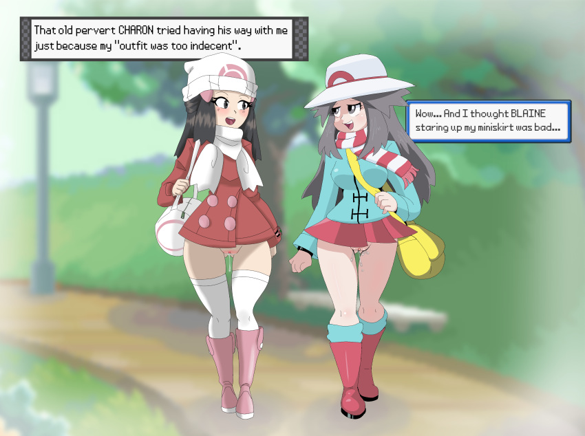 2girls absurdres aliasing bag beanie black_eyes black_hair blue_(pokemon) blue_jacket blue_legwear blush boots bottomless breasts clitoral_hood coat collaboration english eye_contact eyebrows_visible_through_hair female full_body grey_eyes grey_hair hair_ornament hairclip half-closed_eyes hand_up hat highres jacket kikari_(pokemon) kneehighs long_hair long_sleeves matching_hair/eyes medium_breasts multiple_girls no_panties open_mouth pink_footwear pink_neckwear poke_ball_theme pokemon pokemon_(game) pokemon_dppt pokemon_frlg protoscene pussy pussy_juice pussy_juice_drip red_coat red_footwear scarf skindentation skitterleaf smile standing striped_neckwear talking teeth text thighhighs uncensored walking white_hat white_legwear white_neckwear