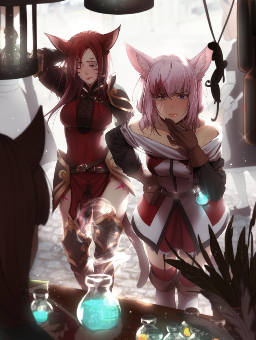 animal_ears bare_shoulders belt blurry blurry_background blurry_foreground brown_hair cat_ears cat_tail choker closed_mouth collarbone commission eventh7 facial_mark final_fantasy final_fantasy_xiv garter_straps gloves heterochromia highres long_hair maid market miqo'te multicolored_hair multiple_girls off_shoulder one_eye_closed outdoors pauldrons pink_hair potion red_hair scar scar_across_eye short_hair standing tail tattoo thighhighs two-tone_hair