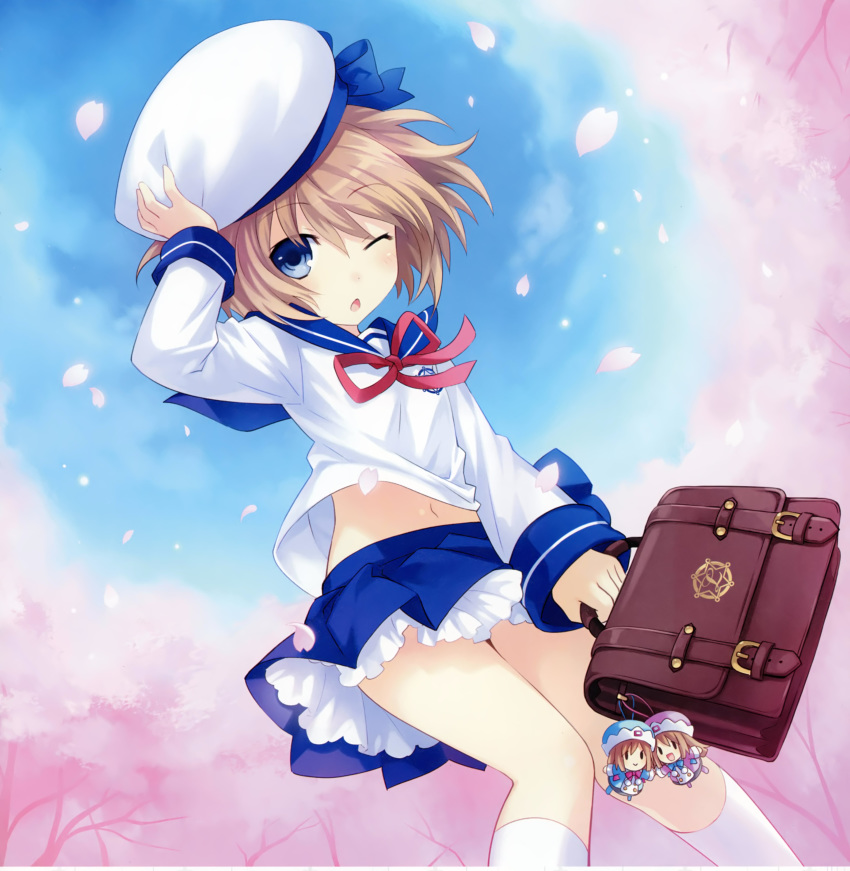 absurdres bag beret blanc blue_eyes brown_hair cherry_blossoms hand_on_headwear hat highres holding keychain kneehighs knees_together_feet_apart midriff navel neck_ribbon neptune_(series) non-web_source official_art one_eye_closed open_mouth outdoors petals pleated_skirt ram_(choujigen_game_neptune) ribbon rom_(choujigen_game_neptune) scan school_bag school_uniform serafuku shirt short_hair skirt tsunako white_legwear wind