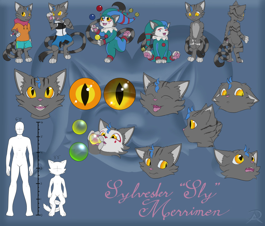 2018 4_fingers 4_toes absurd_res anthro balloon bell blue_background blue_hair butt cat clothed clothing costume digital_drawing_(artwork) digital_media_(artwork) eyes_closed feline fur grey_fur hair hat hi_res humanoid jester long_tail makeup male mammal markings model_sheet multiple_poses nude open_mouth pawpads pink_pawpads pose radasus shorts simple_background smile solo striped_fur stripes sylvester_merrimen teeth text toes tongue tongue_out yellow_eyes yellow_sclera