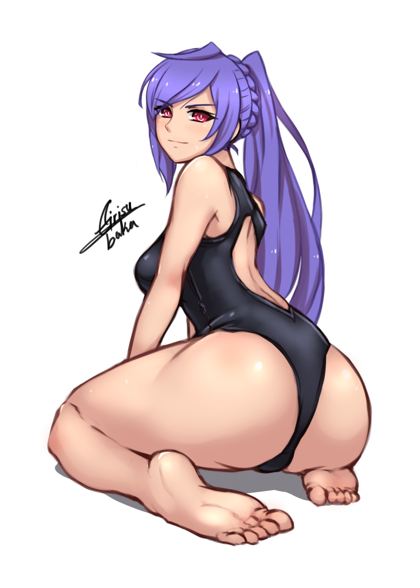 absurdres airisubaka alternate_costume alternate_hairstyle ass back_cutout bare_legs bare_shoulders barefoot black_swimsuit blue_hair braid breasts eyebrows_visible_through_hair feet full_body highres iris_heart kami_jigen_game_neptune_v kneeling long_hair looking_at_viewer looking_back medium_breasts neptune_(series) one-piece_swimsuit pink_eyes ponytail power_symbol simple_background smile soles solo swimsuit symbol-shaped_pupils very_long_hair white_background