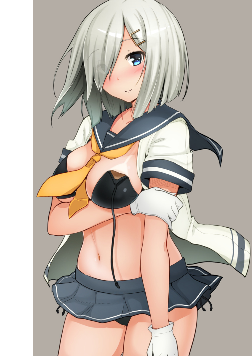 arm_grab arm_under_breasts bikini black_bikini blouse blue_eyes blue_skirt blush breast_hold breasts closed_mouth cowboy_shot eyebrows_visible_through_hair eyes_visible_through_hair gloves grey_background hair_ornament hair_over_one_eye hairclip hamakaze_(kantai_collection) highres kantai_collection looking_at_viewer medium_breasts microskirt miniskirt navel pleated_skirt sailor sailor_collar short_hair short_sleeves side-tie_bikini silver_hair skirt smile solo standing striped striped_skirt swimsuit swimsuit_under_clothes tan tanline untied untied_bikini white_blouse white_gloves yellow_neckwear yuna_(spn28u79)