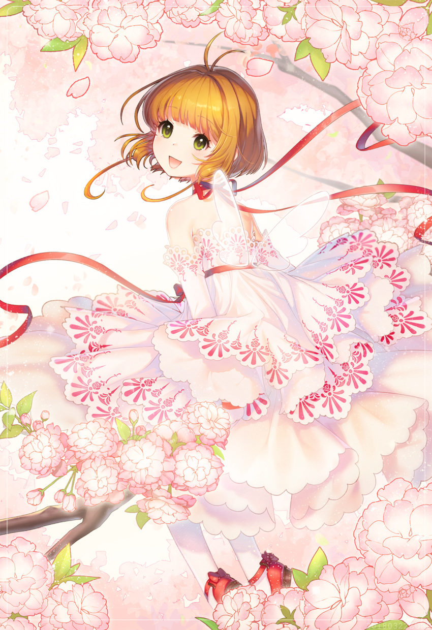 :d antenna_hair bad_id bad_pixiv_id bangs blunt_bangs brown_hair cardcaptor_sakura cherry_blossoms choker detached_sleeves dress frame green_eyes highres in_tree kinomoto_sakura looking_back ng_(kimjae737) open_mouth petals pink red_footwear red_ribbon ribbon ribbon_choker see-through short_hair sitting sitting_in_tree smile solo tree white_dress